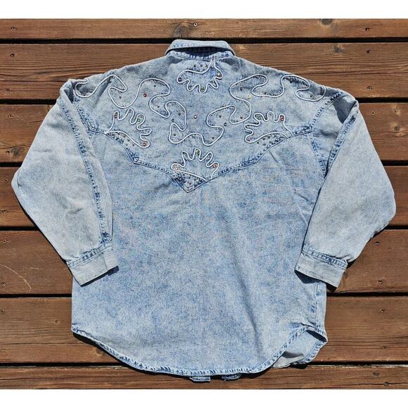 Vintage Next Move Denim Fringe Embellished Beaded Cowgirl Rodeo Shirt Womens - Picture 7 of 8